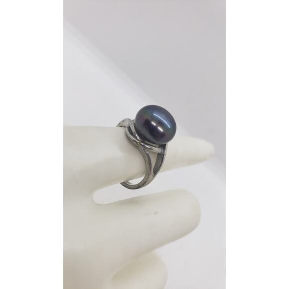 Vintage Genuine Gray Peacock Pearl Ring Size 8 Silver Plated HUGE Iridescent - Picture 3 of 11